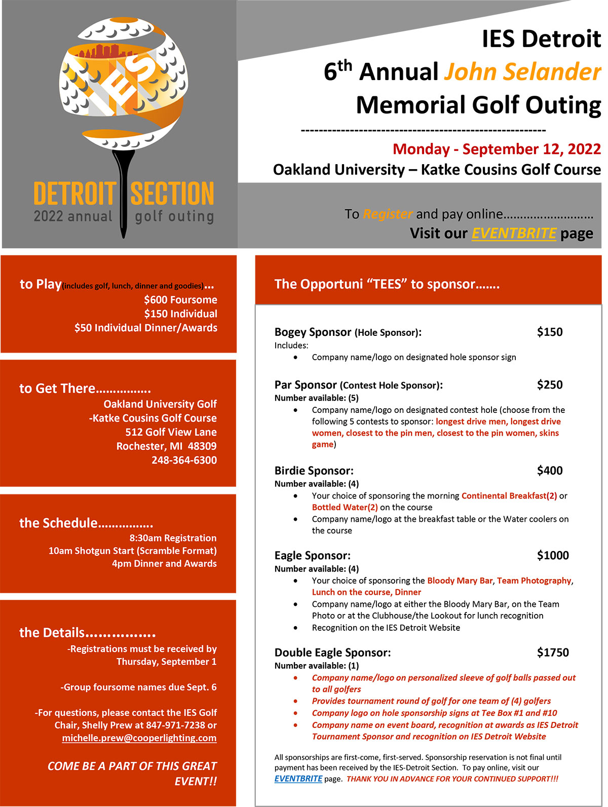 2022 IES Detroit "6th Annual John Selander Memorial" Golf Outing @ Oakland Univ - Katke-Cousins Golf Course | Rochester Hills | Michigan | United States